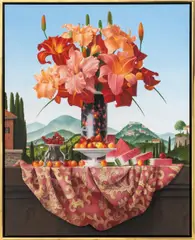 Castello Nuovo II: Still Life with Daylilies and Watermelon by Jamese Aponovich, 2006, Oil on Canvas, sold Oct 2026
