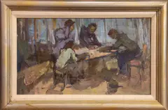 Interior Scene with Figures at Table by Vladimir Tarasenko, 2010, oil on canvas board, sold Aug 2025