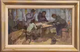 Interior Scene with Figures at Table by Vladimir Tarasenko, 2010, oil on canvas board, sold Aug 2025