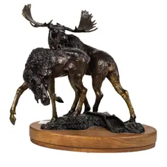 Moose by Jeff Oens, 1994, bronze sculpture on wood base, sold Sep 2025