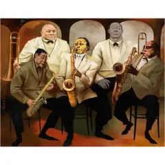 Three Sax; Two Trombone by Frank N. Ashley, 1963, oil on masonite, sold Sep 2025