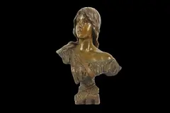 MIREILLE'the young woman wearing a sash, with long flowing hair, raised on an integral plinth inscribed 'MIREILLE by Emmanuel Villanis, BRONZE, offered Jun 2021