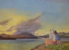 Mother and child on the shore15 by Sine MacKinnon, oil on wood, sold Oct 2019