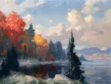 Autumn Day, Lac de l'Achigan' signed, Watson Art Galleries, Montreal label verso 12 x 15.5in by Eric Riordon, oil on board, sold Oct 2019