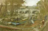 British, a view of moored boats on a river with a bridge and buildings beyond by Dennis Gilbert, oil on board, offered Nov 2020