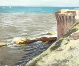 Hungarian, a coastal lookout with distant yachts by Leon Aznavounair, 1933, oil on board, offered Nov 2020