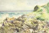 British, view of a rocky coastline with breaking waves by W. Cecil Dunford, watercolour, offered Nov 2020