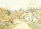 British, figures by a cottage, with sheep in the foreground by Charles James Adams, watercolour, offered Nov 2020