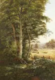 British, children picking berries in a Woodland Glade with a harvesting scene beyond by Bonomi Edward Warren, 1889, watercolour, offered Nov 2020
