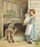 British, a scene of three young children outside of a workshop by George Goodwin Kilburn, 1865, watercolour, offered Nov 2020