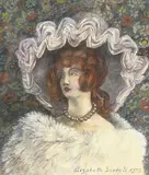 The Lilac Silk Hat' A bust length study, water colour by Elizabeth Sorrel, 1979, watercolor, sold Nov 2020