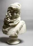 MILANO A GOOD CARVED WHITE MARBLE BUST OF A YOUNG LADY wearing a fur cape and hat, on a polished marble socle base by F. Brusaglino, sculpture, sold Oct 2020