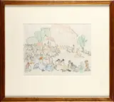 Crowd relaxing outside a Church by Mary Swanzy, pencil and crayon on paper, sold Oct 2012
