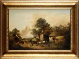 Rural village scene with haycart and villagers by 19th Century English School, oil on canvas, sold Oct 2012