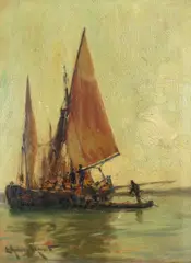 Unloading the catch; In dock by Edmund Aubrey Hunt, oil on panel, each, sold Oct 2012