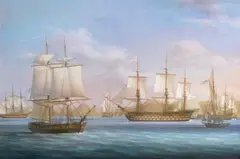 Nelson, in Victory, arriving at St. John's harbour, Antigua, on 12th June 1805, after abortively chasing Admiral Villeneuve's French fleet across the Atlantic; finding the French gone, Nelson dispatches the fast brig Curieux (shown in the foreground) back to England immediately with the news by Louis Dodd, oil on panel, sold Oct 2012