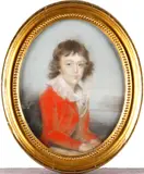 A Boy wearing scarlet coat and white chemise with broad frilled collar by John Downman, pastel on paper, sold Oct 2012