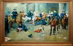 A London riot by Michael Lyne, oil on canvas, sold Oct 2012