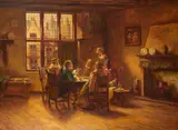 Figures seated around a dining table by Oskar, oil on canvas, sold Oct 2012