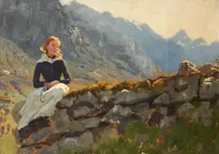 Girl seated on a stone wall by Hans Dahl, sold Oct 2012