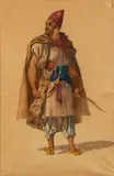 Costume designs, a set of four by Eugene Lacoste, pen and ink and watercolour, sold Oct 2012