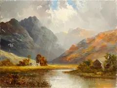 Loch Goil Argyleshire, signed, oil on canvas, 45.5 x 61cm, and another Loch Earn both unframed and two others by the same hand 'The Old Mill Brora', and 'Near Bulmoha Loch Lomord', both by Frank E. Jamieson, sold Oct 2012