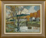 titled Covered Bridge Stowe Vermont by Frederick John Mulhaupt, oil on board, offered Apr 2017