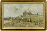 landscape with figures and a farmhouse by Frank F. English, oil on canvas, offered Apr 2017