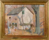 figure in front of farmhouse by Mildred Bunting Miller, oil on canvas, offered Apr 2017