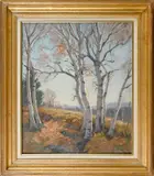 landscape with birch trees by Thomas John Mitchell, oil on board, offered Apr 2017