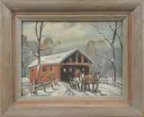 winter landscape with covered bridge by Bela deTirefort, oil on board, offered Apr 2017