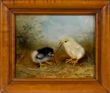 of two chicks with a worm by Ben Austrian, oil on canvas, offered Apr 2017
