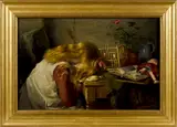 of a girl grieving over her dead canary by Harry Roseland, oil on canvas, offered Apr 2017