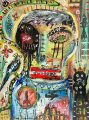 Untitled (Man, Bird, and Snake) by Louis Vuittonet, oil on canvas, sold Sep 2022