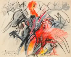 Combat de coq by Édouard Pignon, 1959, Pastel gras de couleur, sold Feb 2023