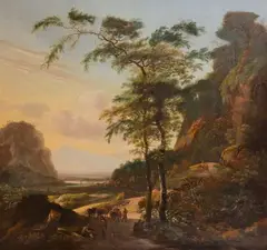 Paysage avec des promeneurs by Jan Gabrielsz Sonjé, Panneau de chêne, trois planches, parqueté Trace de signature sur un tronc en bas à gauche, sold Dec 2022