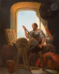 Un armurier fourbissant une épée de chevalier by Alexandre-Évariste Fragonard, Toile d’origine Trace de signature en bas à droite, sold Dec 2022