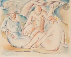Baigneuses by Wacław Wąsowicz, Aquarelle, sold Dec 2022