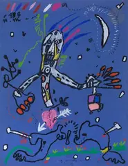 Personnage au cœur transpercé by Michel Macréau, 1987, Gouache sur papier bleu, sold Dec 2022