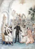 Bal masqué by Madeleine Lemaire, Aquarelle signée en bas à droite, sold Oct 2008
