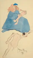 Petite fille en bleu à la poupée by Jacques Villon, Aquarelle et crayon à papier, sold May 2014
