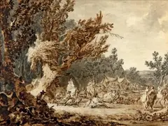 Fête dans un campement sous les arbres by Francesco Casanova, Lavis brun et gris sur trait de crayon noir, sold Mar 2014