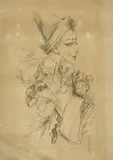 Les clowns by Saul Steinberg, 1937, Crayon noir signé et daté, sold Jul 2022