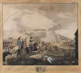 Bataille d'Elchingen sous le commandement du maréchal Ney contre les Autrichiens le 14 octobre 1805 Ney, tout en galopant, donne l'ordre à un officier de dragon by Johann Volz, Aquatinte dédicacée au roi Maximilien Joseph de Bavière Sous verre, baguette moderne dorée, sold Jun 2012