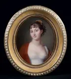 Portrait de jeune femme en robe de soie blanche, les épaules couvertes d'un châle rouge. En buste, presque de face, elle est coiffée de boucles relevées et rete by Jean-Baptiste Jacques Augustin, Aquarelle et gouache ovale sur ivoire, sold Jun 2012