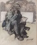 Poilu lisant une lettre by Lucien Jonas, Fusain, pastel et craie blanche signé en bas à droite, sold Jun 2020