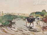 Le troupeau à l’étang by René Kuder, 1919, Aquarelle signée en bas à gauche et datée, sold Jun 2020