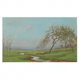 A Shepherd and His Flock in Spring by Owen Baxter Morgan, Oil on board, sold Nov 2022