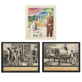 Three Illustrations by Alexander Oscar Levy, The first is watercolor and ink on paper and depicts a garden cafe scene, sold Nov 2022