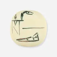 Plongeurs by Pablo Picasso, 1956, white earthenware clay, engraving accentuated oxidized paraffin decoration, glaze, sold Oct 2025